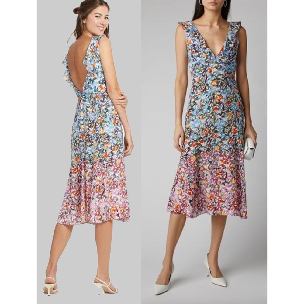 SALONI Blue Pink Floral Midi Dress